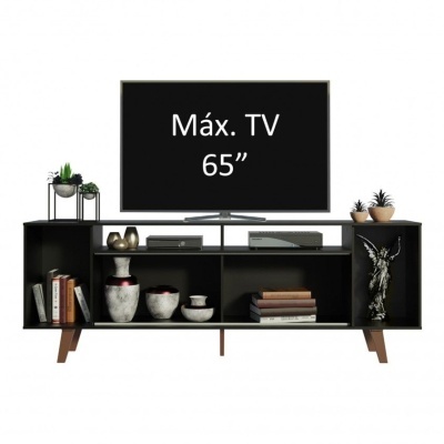 Móvel de TV preto com prateleiras, decoração e televisão com texto 'Máx. TV 65