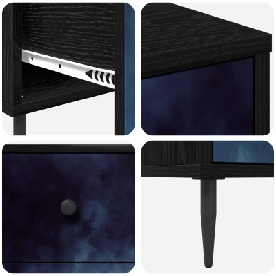 Detalhes de móvel preto com portas azuis escuras e pés pretos