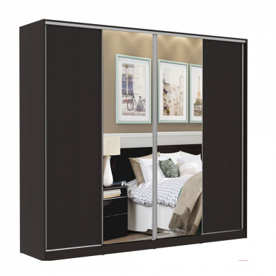 Roupeiro castanho escuro com portas de espelho refletindo quarto