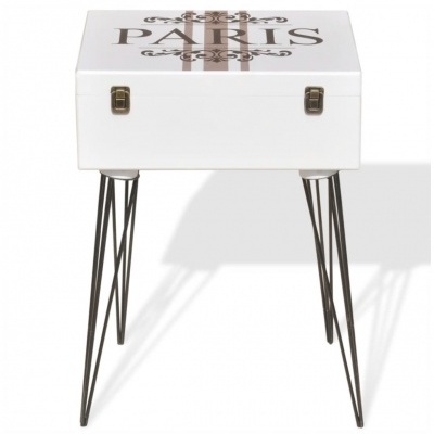 Mesa branca com tampo decorado com texto 'PARIS' e pernas metálicas pretas