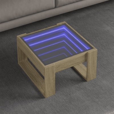 Mesa de centro quadrada com tampo de vidro iluminado por LEDs azuis em efeito visual infinito