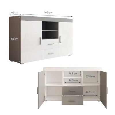 Móvel de arrumação branco com portas e gavetas cinzentas, em fundo branco, com medidas indicadas.