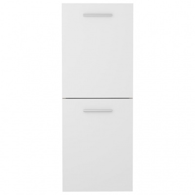 Armário branco com duas portas e pegas metálicas horizontais