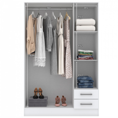 Roupeiro branco com vestidos, toalhas, roupas dobradas, gavetas e sapatos organizados