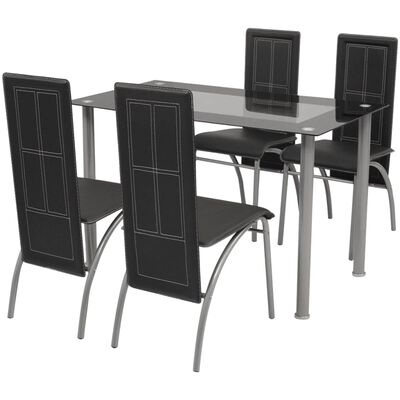 Conjunto de sala de jantar com mesa de vidro fumado e quatro cadeiras estofadas pretas