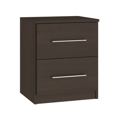 Móvel de arrumação com duas gavetas e puxadores metálicos, em madeira escura