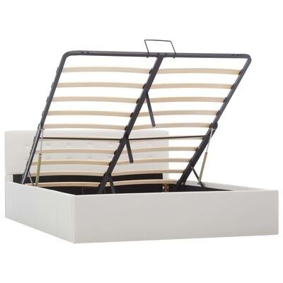 Cama branca com cabeceira estofada e sistema elevatório para arrumação