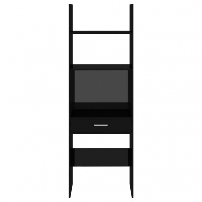 Estante vertical preta com gaveta e prateleiras de madeira
