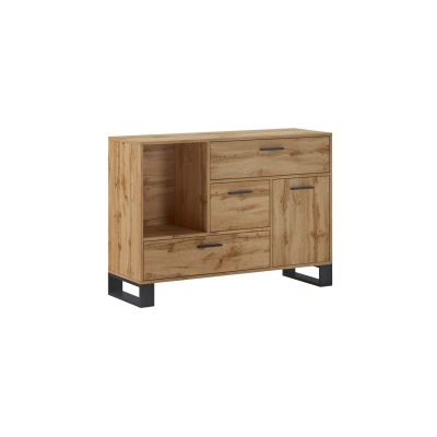 Aparador em madeira clara com gavetas e porta, detalhes em metal preto