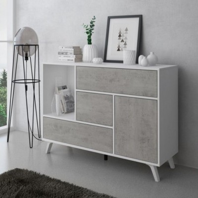 Aparador branco com frentes cinza que imitam betão, decorado com vasos e livros, em ambiente interior moderno