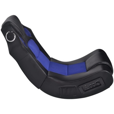 Assento para jogos azul e preto com alto-falante e bolsos laterais
