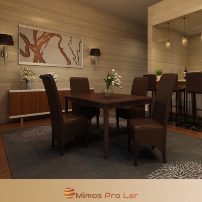 Conjunto de mesa de jantar quadrada e cadeiras em pele castanha num espaço com decoração moderna