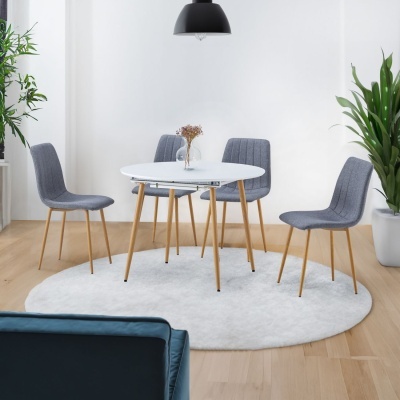 Conjunto de mesa de jantar redonda branca com quatro cadeiras cinzentas estofadas