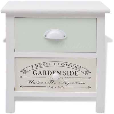 Cômoda pequena de madeira branca com duas gavetas, texto decorativo na gaveta inferior
