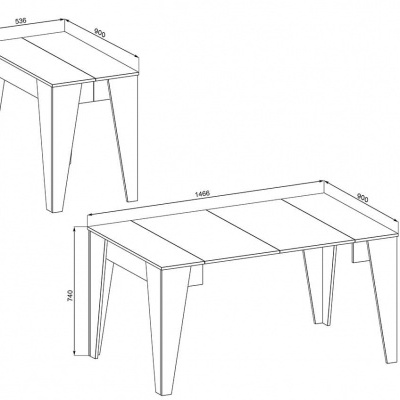 Desenho técnico de uma mesa extensível retangular com medidas indicadas