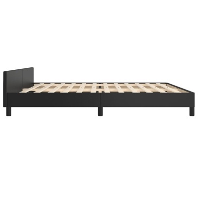 Estrutura de cama preta com ripas de madeira clara