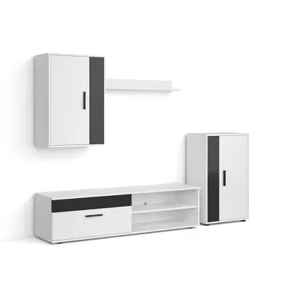 Conjunto de móveis lacados branco e preto com armário e estante em fundo branco