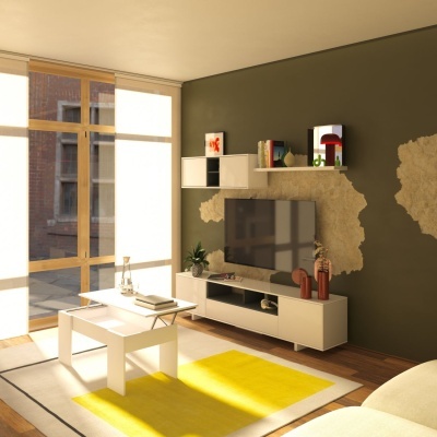 Sala de estar com móvel TV branco, prateleiras, mesa centro branca e tapete amarelo