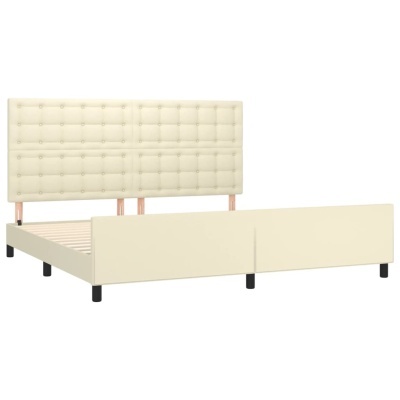 Cama de madeira com cabeceira estofada creme e pés pretos