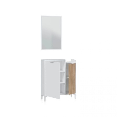 Móvel de casa de banho branco com portas e espelho rectangular com moldura branca