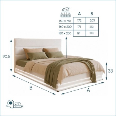 Cama branca com cabeceira, roupa de cama bege e verde, tabela de tamanhos ao lado