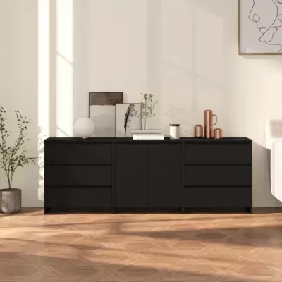 Aparador preto moderno com decoração minimalista em sala clara