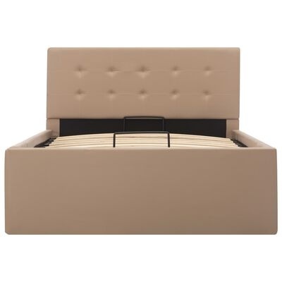 Cama estofada bege com cabeceira almofadada e somier de ripas de madeira.