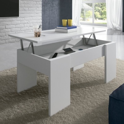 Mesa de centro branca com tampo elevatório e espaço de armazenamento