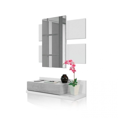 Conjunto de móvel de entrada com banco estofado cinza e espelho