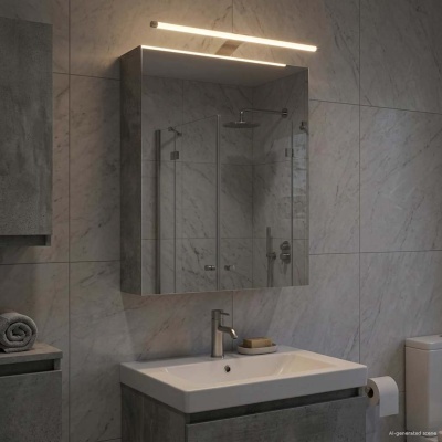 Móvel de casa de banho cinza com lavatório branco, espelho com armário e luz LED.