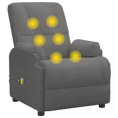 Poltrona reclinável cinzenta escura com botões amarelos de vibração e comando lateral