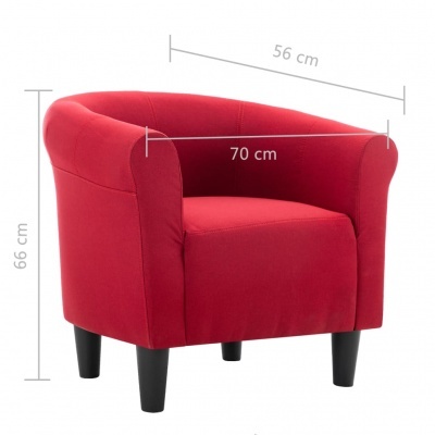 Poltrona vermelha com pés pretos e design arredondado com medidas