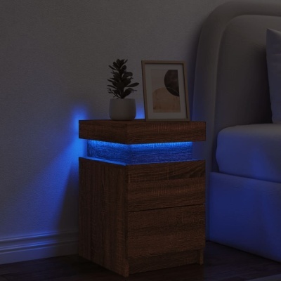 Mesa de cabeceira em madeira com luz LED azul, vaso com planta e quadro