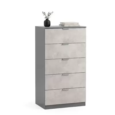 Cómoda cinza com 5 gavetas e decoração no topo