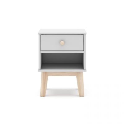 Mesa de cabeceira cinzenta com gaveta e espaço aberto, pernas de madeira clara