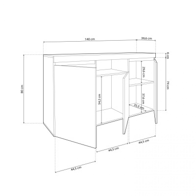 Desenho técnico de móvel branco com portas e gavetão, medidas indicadas