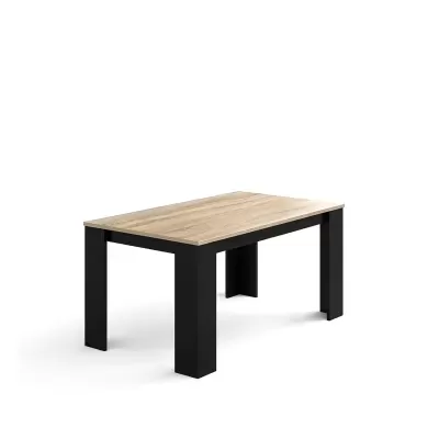 Mesa retangular com tampo em madeira clara e pés pretos