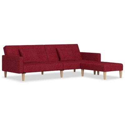 Sofá modular vermelho em tecido com chaise longue e pernas de madeira