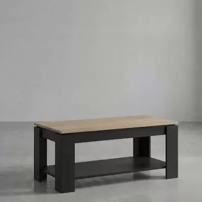 Mesa de centro com tampo de madeira clara e base preta