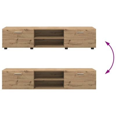 Móvel TV em madeira castanho claro com gavetas e prateleiras, setas indicam rotação