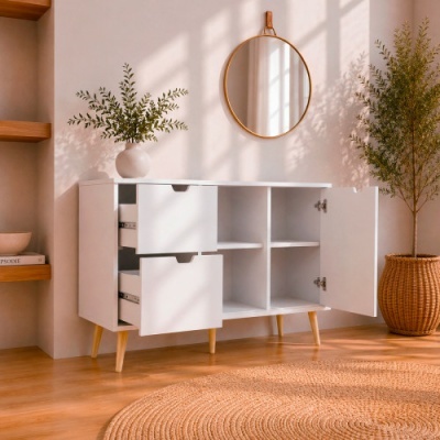 Móvel branco com gavetas e porta abertas, espelho redondo na parede, plantas e tapete redondo em ambiente iluminado.