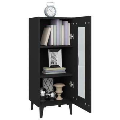 Armário preto pequeno com livros, decoração e porta aberta com vidro espelhado