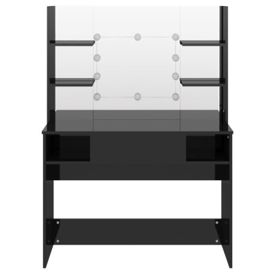 Mesa de trabalho preta com painel de proteção transparente e estantes laterais