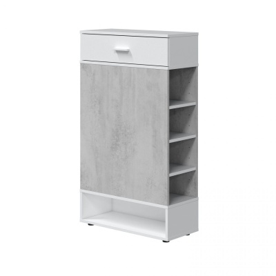 Móvel organizador branco com porta cinza, gaveta e prateleiras laterais.