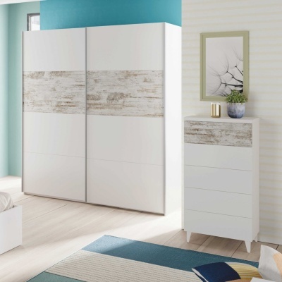 Guarda-roupa e cómoda brancos com detalhes em madeira, decoração de quarto moderna.