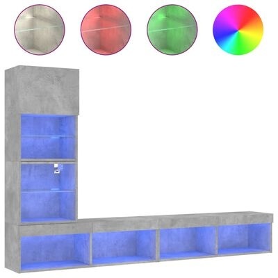 Móvel sala estar cinza cimento LED azul prateleiras armário