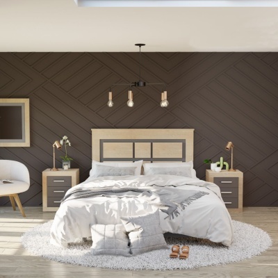 Quarto com cama de casal e mesas-de-cabeceira em madeira, roupa de cama branca e carpete redonda branca