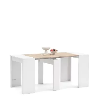 mesa de jantar extensível com tampo em madeira clara e estrutura branca com decoração