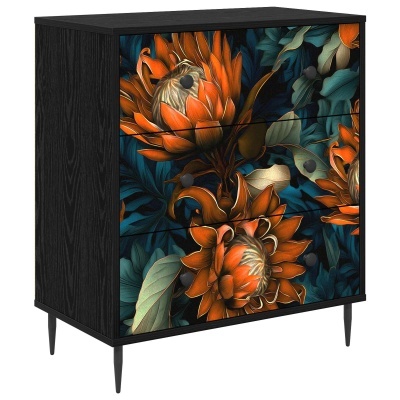 Cómoda preta com padrão floral em tons de laranja, verde e azul e puxadores pretos