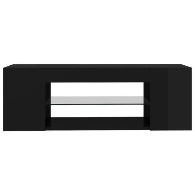 Móvel de apoio preto com duas prateleiras abertas no centro e laterais fechadas